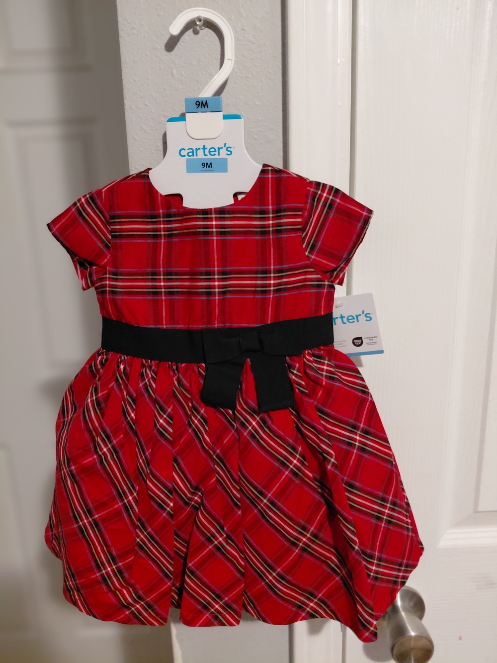 Carter's Red Plaid Holiday Dress with Black Bow - 9M